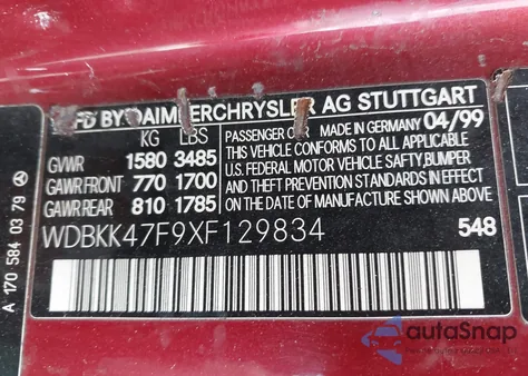 1999 Mercedes-Benz Slk 230 Kompressor z USA, uszkodzony, nr VIN WDBKK47F9XF129834
